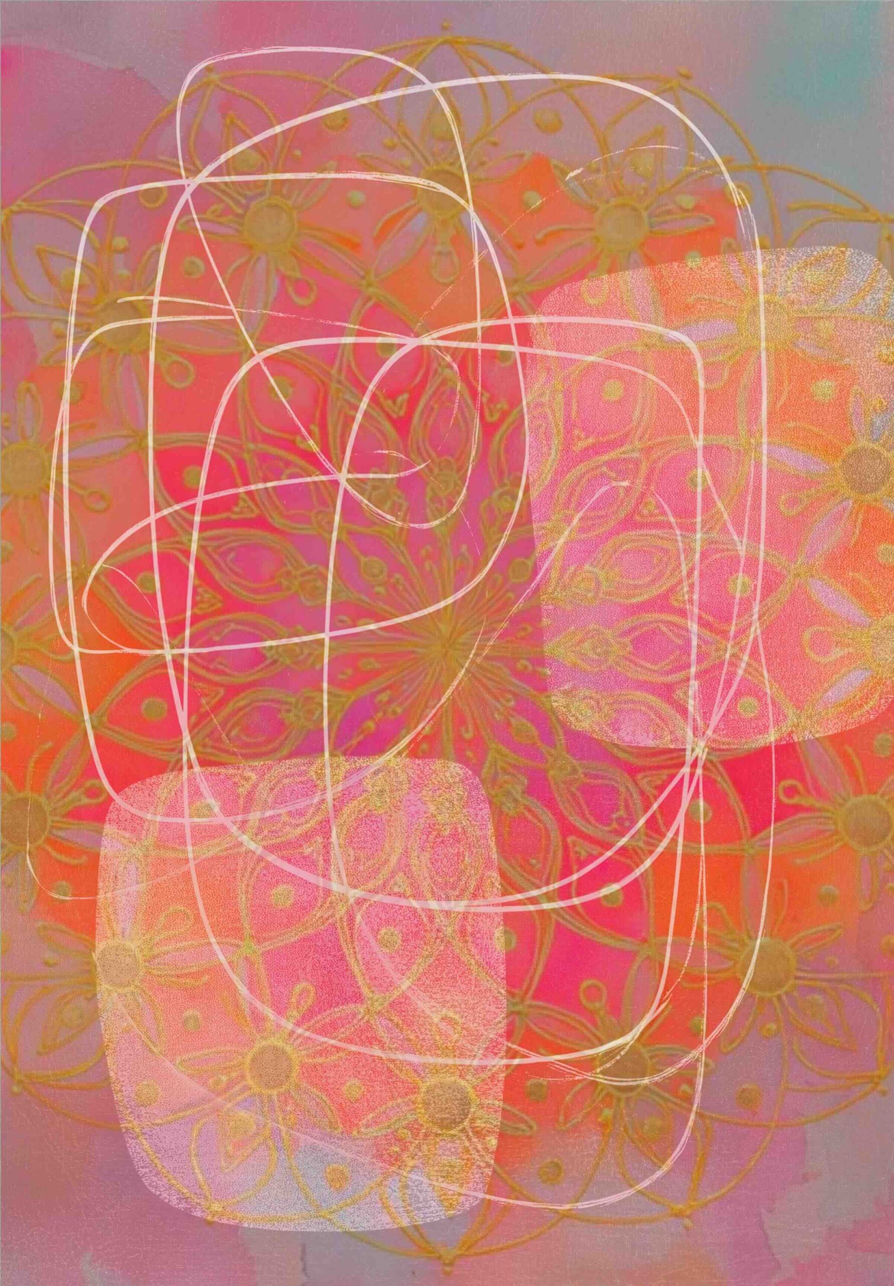 Free printable floral abstract collage paper featuring pink and coral watercolor textures, delicate gold floral line art, and white abstract marks for art journals, junk journals, mixed media, scrapbooking, and paper crafts.