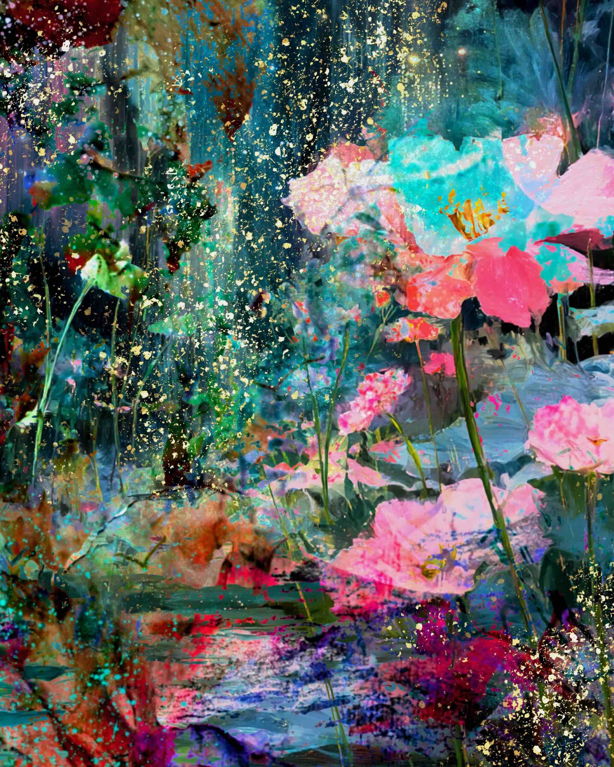 Abstract floral collage artwork with bright pink flowers, deep teal and blue painterly textures, green foliage, and scattered gold details.