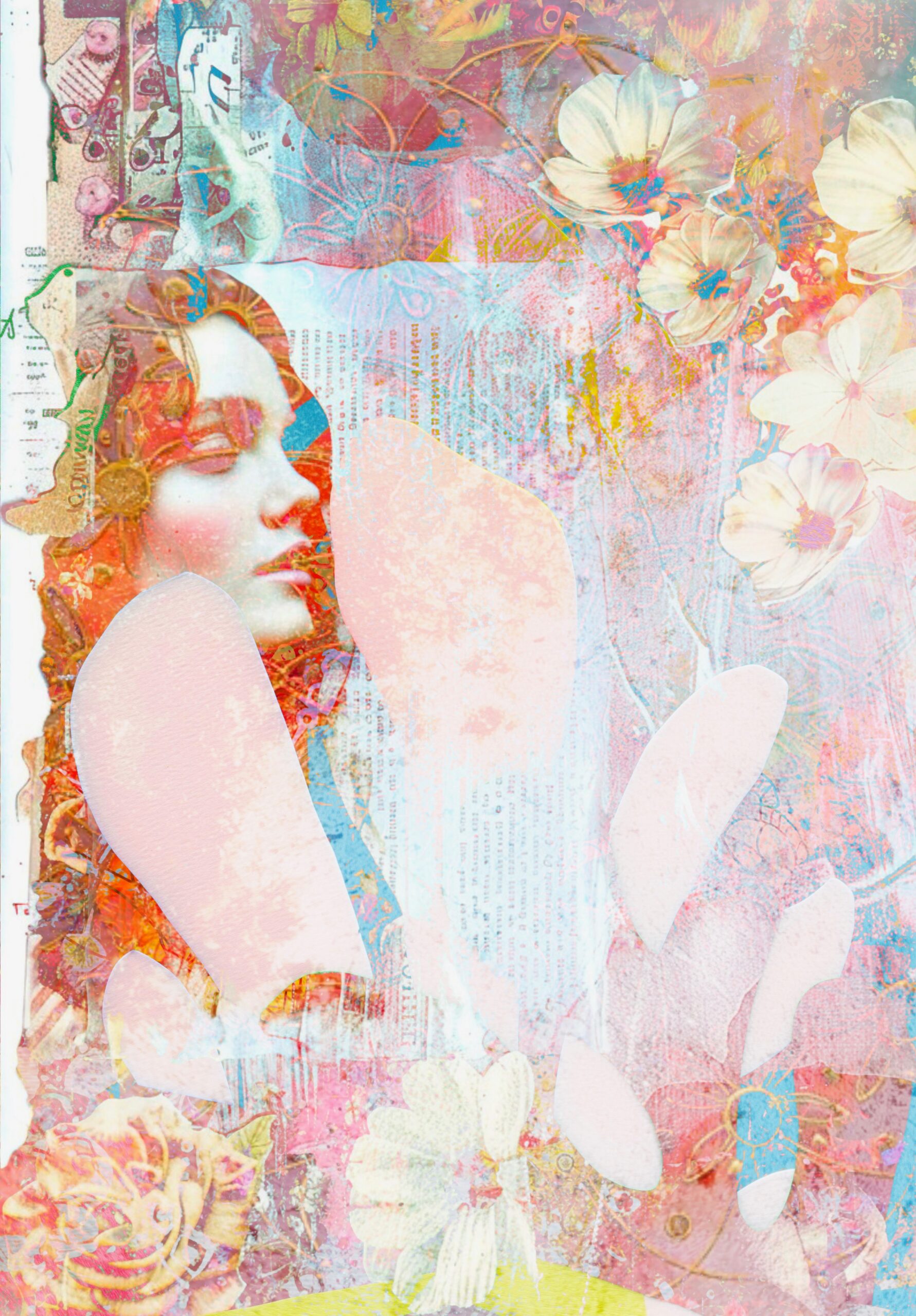 Free feminine portrait collage sheet with dreamy flowers, vintage text and pink turquoise mixed media textures for art and junk journals