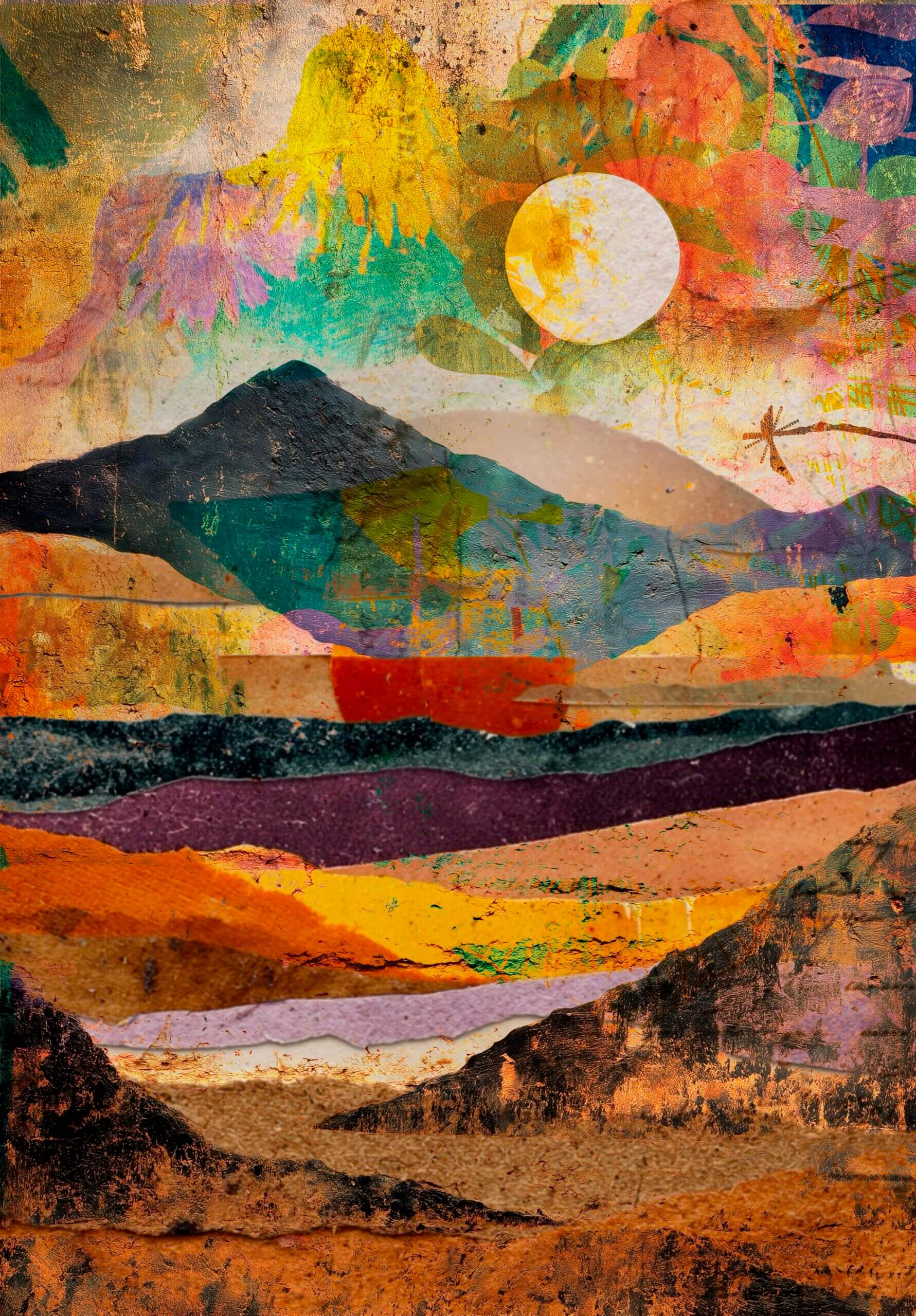Free printable abstract landscape collage with colorful mountains and moon for art journaling.