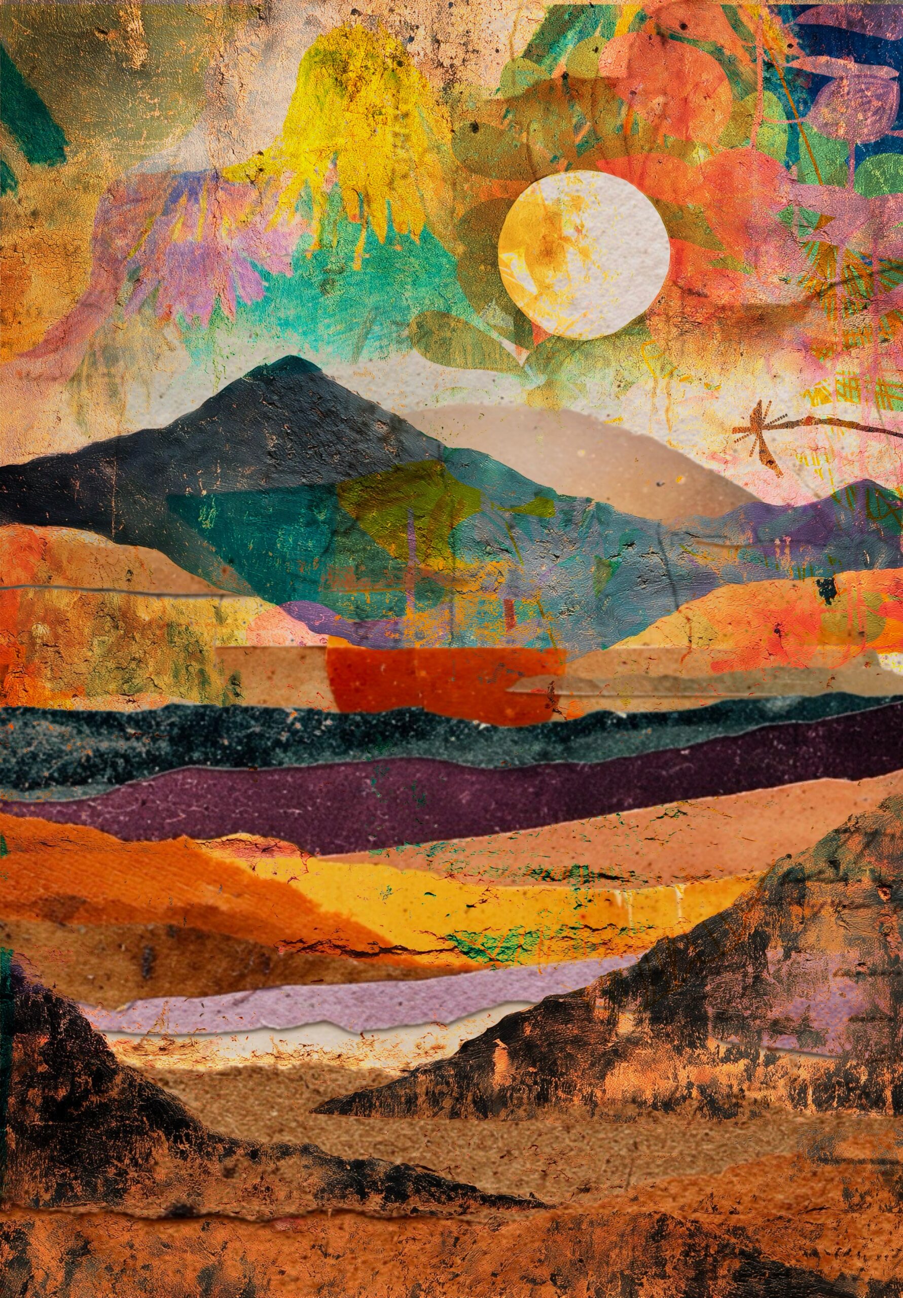 Free printable abstract landscape collage with colourful mountains and moon for art journaling