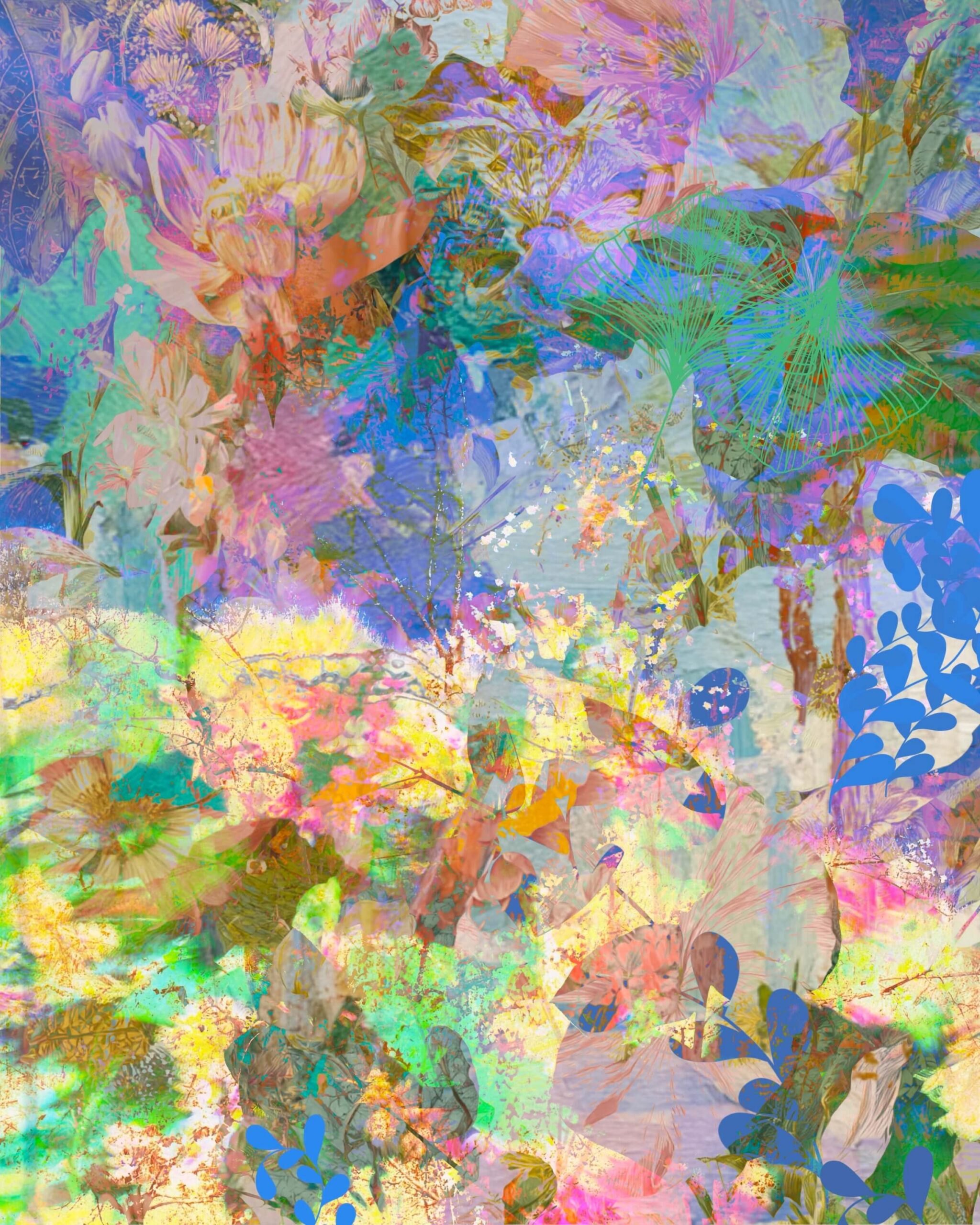 Free printable vibrant botanical collage paper with abstract flowers, leaves and layered turquoise, blue, purple and coral textures