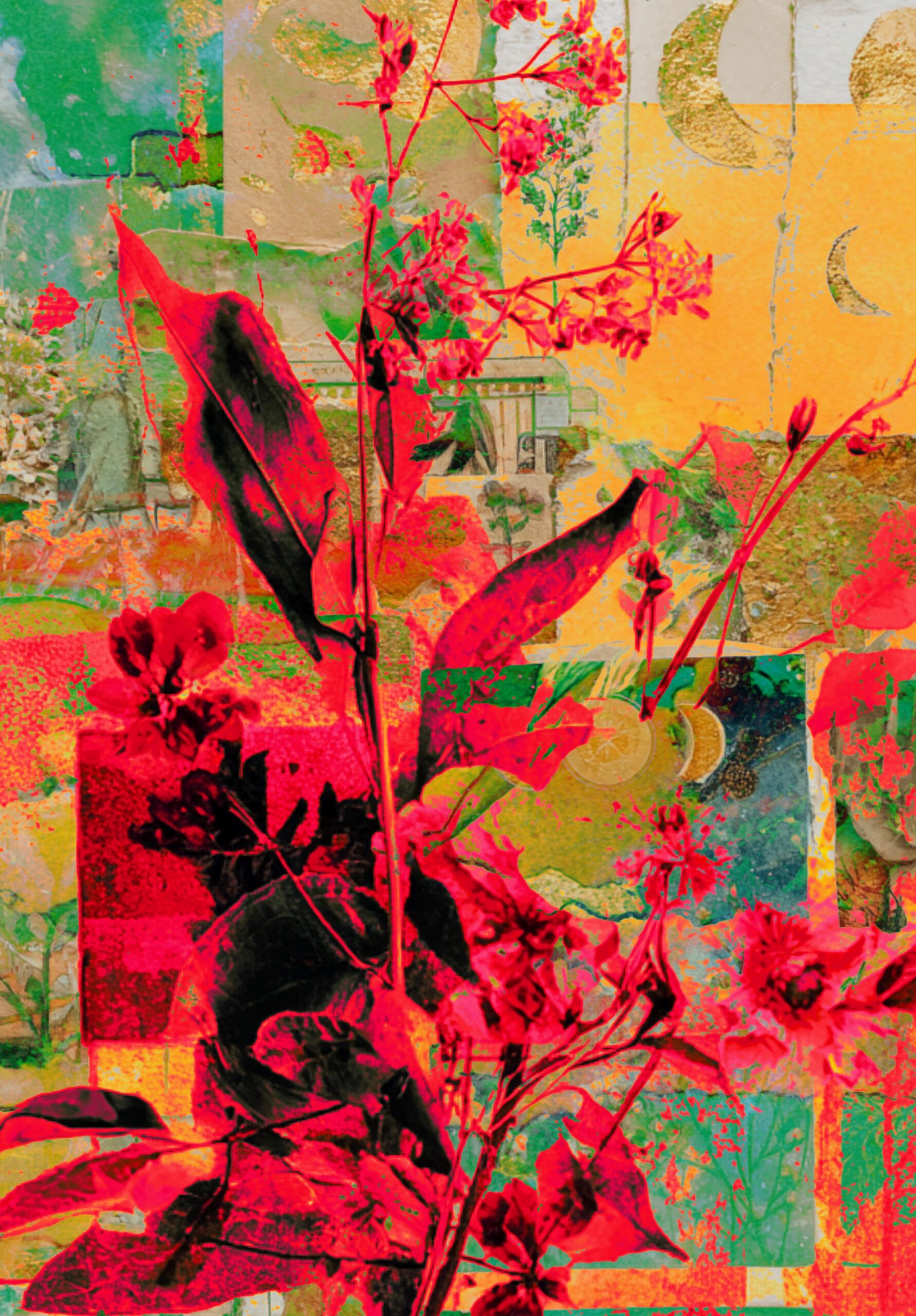 Free printable abstract floral collage paper in bright pink, green, and yellow for art journals and junk journals