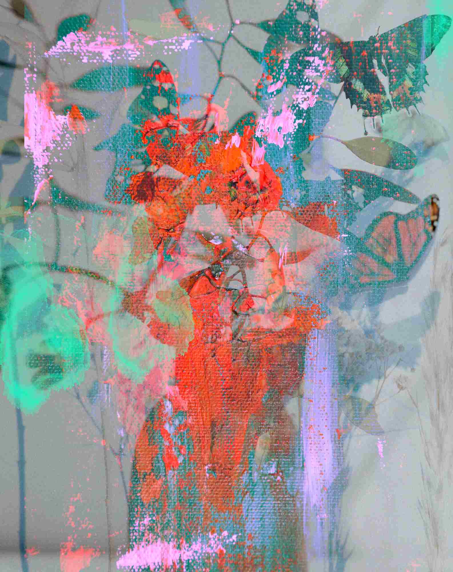 A surreal digital collage of painterly red flowers layered with soft green leaves, butterfly silhouettes, and grunge textures on a muted background with linen-like surface.