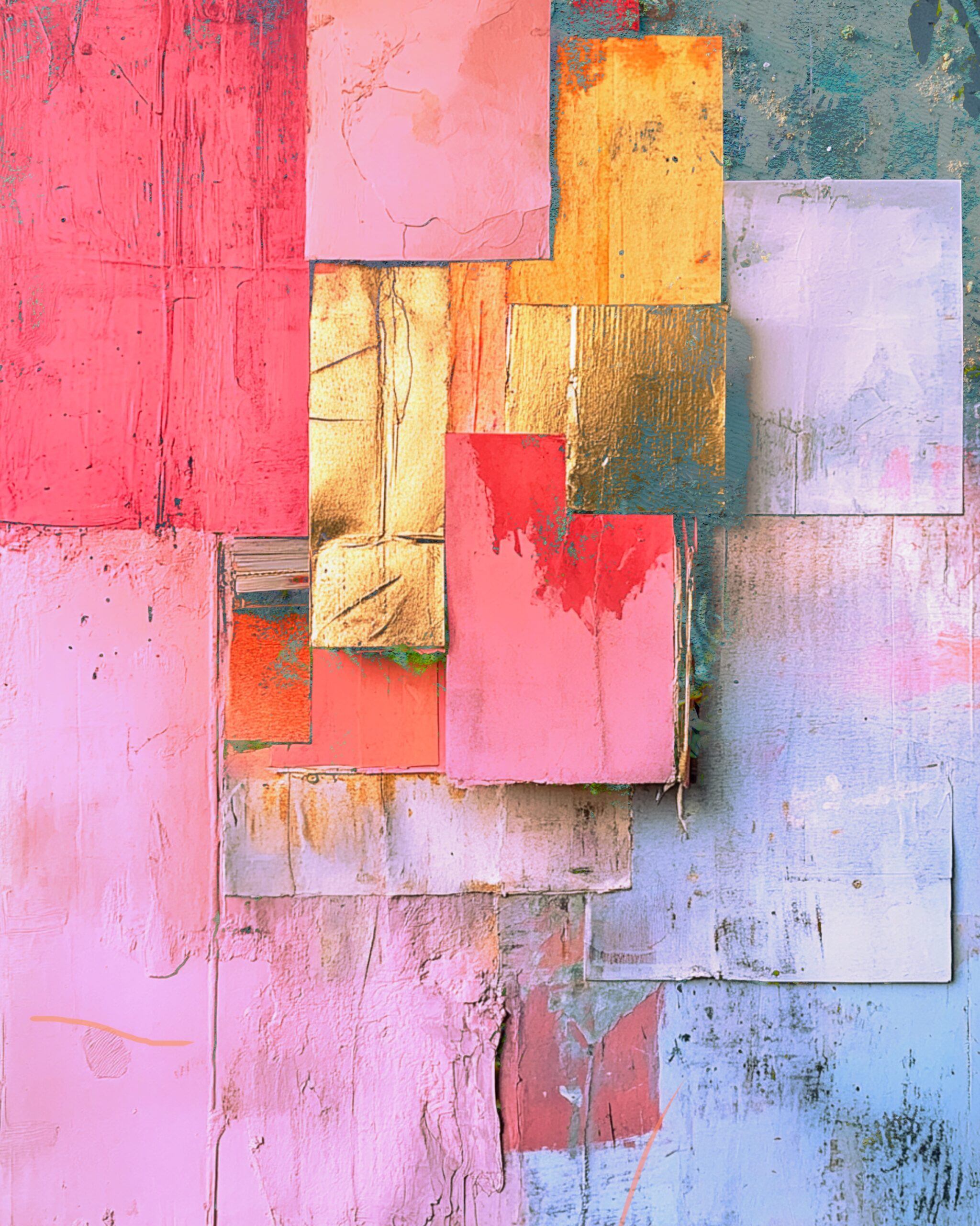 Download this free abstract collage paper featuring vibrant pinks, metallic golds, and pastel textures. Perfect for art journals, scrapbooking, and creative mixed media projects.