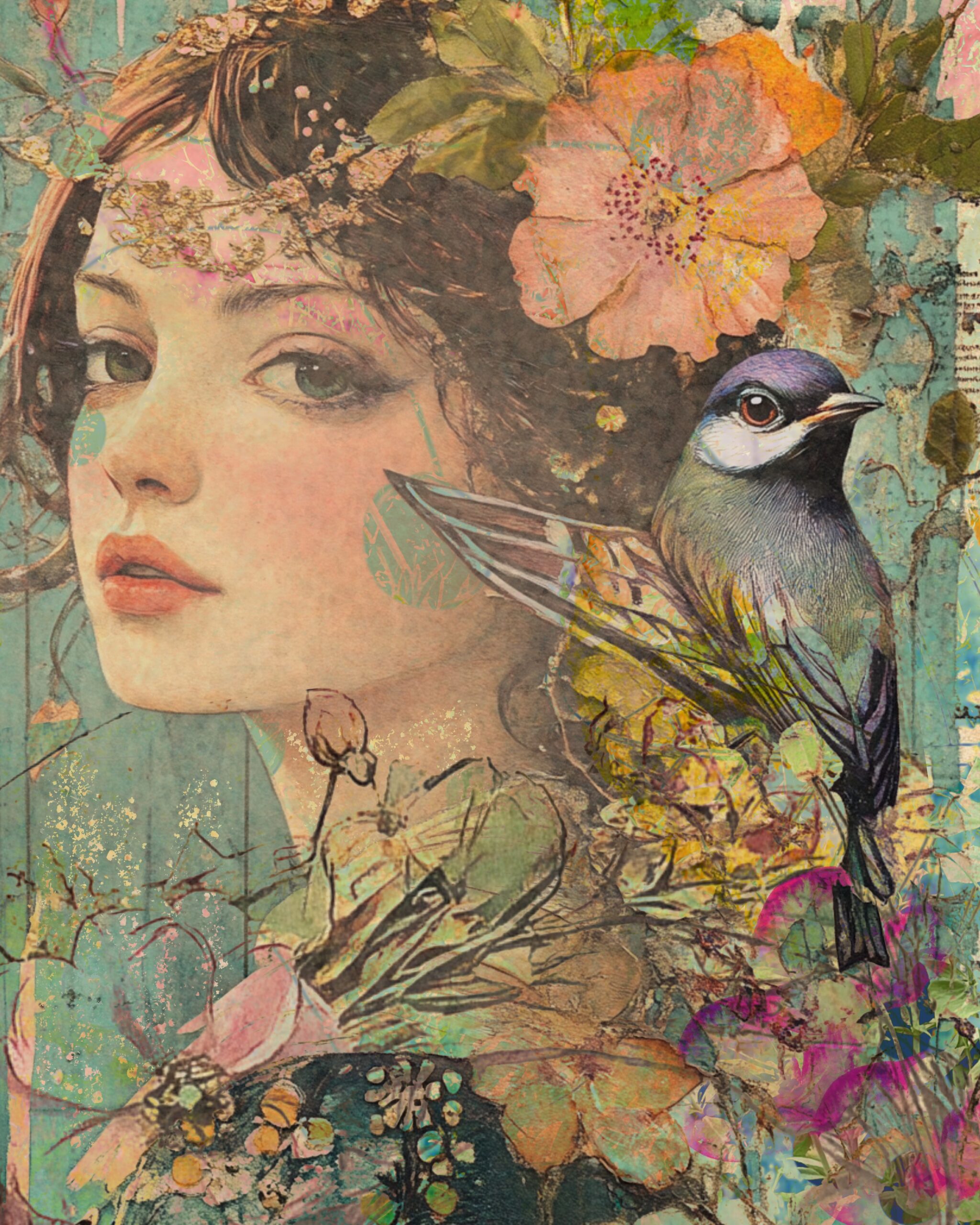 Free Vintage Floral Collage Sheet A vintage-inspired collage featuring a softly illustrated woman with delicate features, surrounded by layered florals, textured teal backgrounds, and a perched songbird in vibrant mixed media style.