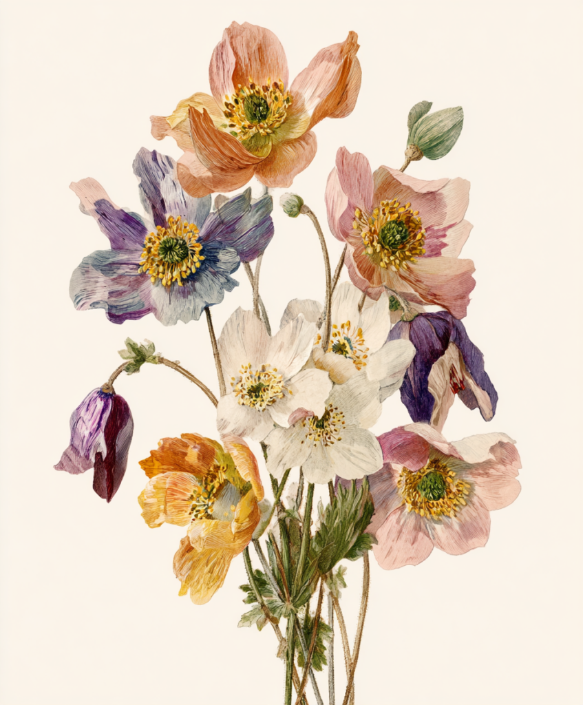 vintage botanical collage sheets featuring detailed floral illustrations. One sheet includes a bouquet of colorful flowers including dahlias, marigolds, and lemons on a cream background. The second sheet displays an array of wildflowers and leafy greens in soft pastel tones with a focus on daisies, hollyhocks, and morning glories. The header reads ‘Free Printable – Vintage Botanical Collage Sheets for Art Journals’ with a download prompt at the bottom.”