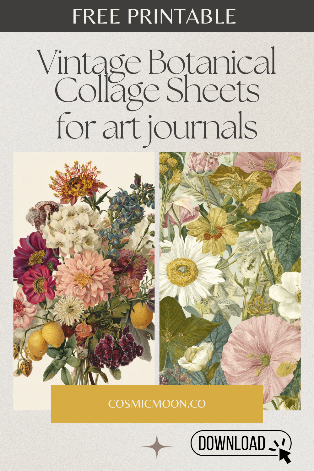 “Two vintage botanical collage sheets featuring detailed floral illustrations. One sheet includes a bouquet of colorful flowers including dahlias, marigolds, and lemons on a cream background. The second sheet displays an array of wildflowers and leafy greens in soft pastel tones with a focus on daisies, hollyhocks, and morning glories. The header reads ‘Free Printable – Vintage Botanical Collage Sheets for Art Journals’ with a download prompt at the bottom.”
