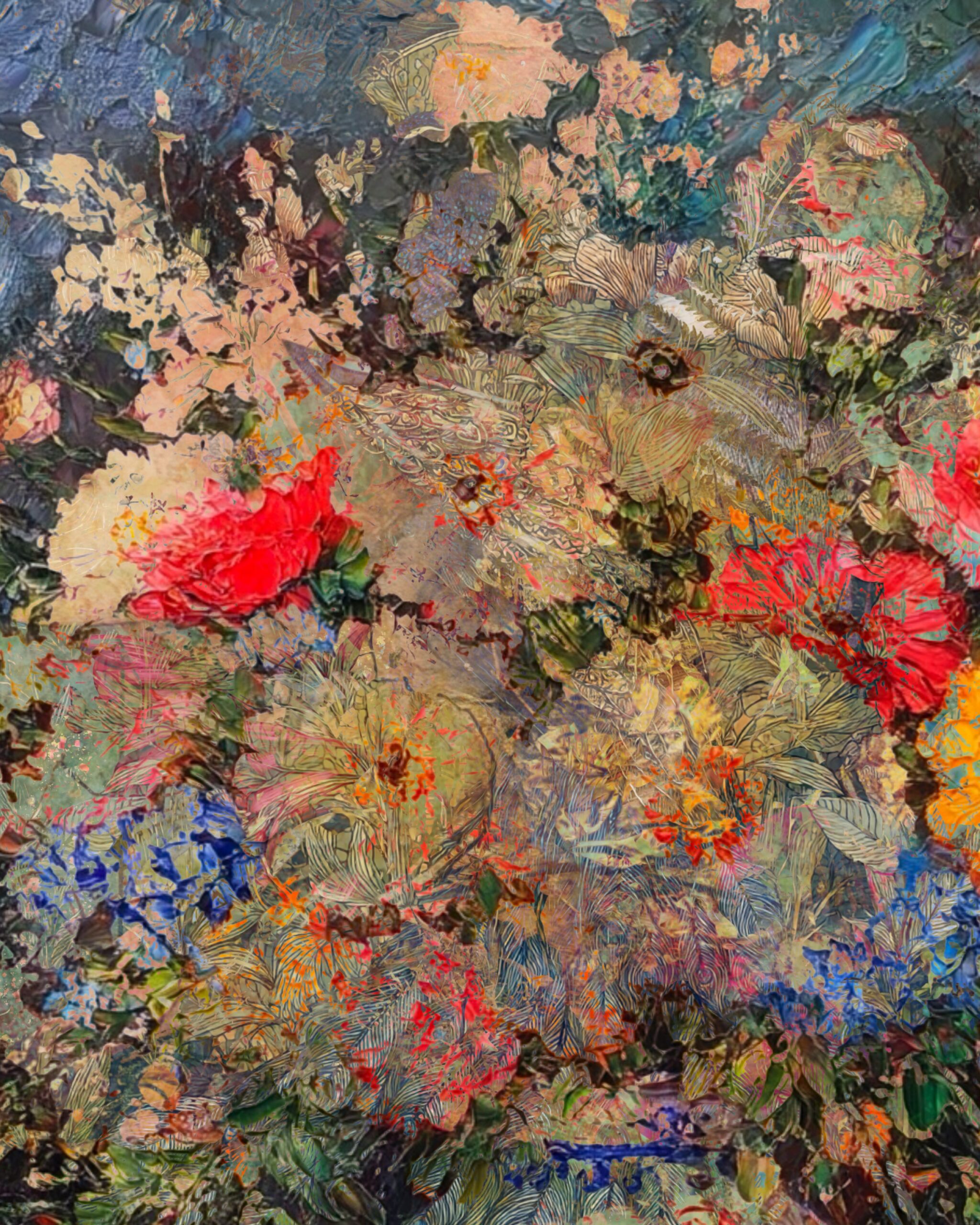 Free abstract floral collage paper printable for art journals by CosmicMoon.co featuring layered painterly textures in vibrant red, yellow, blue, and green tones.