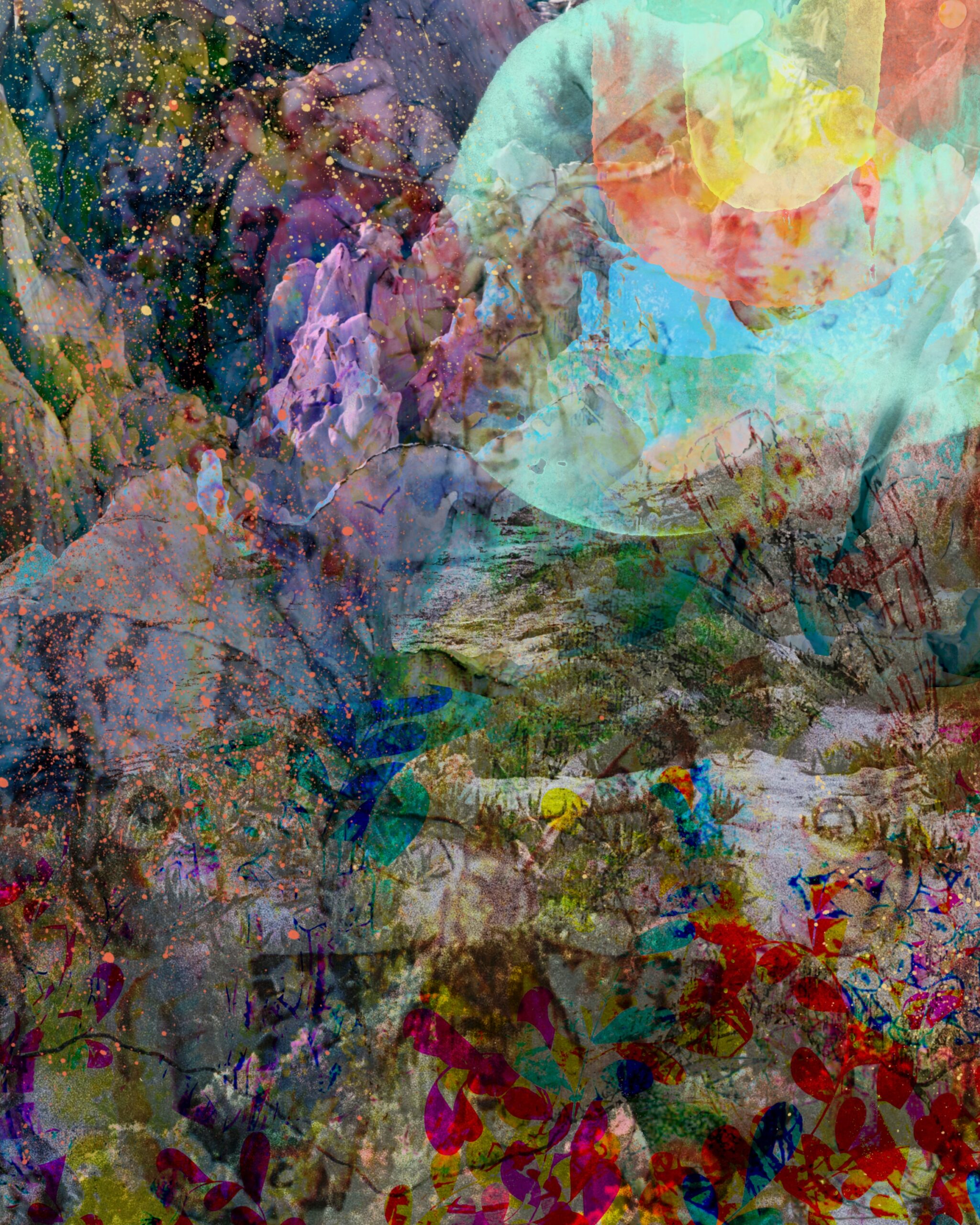 Abstract dreamscape collage sheet featuring layered textures, bright watercolor elements, and celestial details, perfect for art journaling and mixed media.