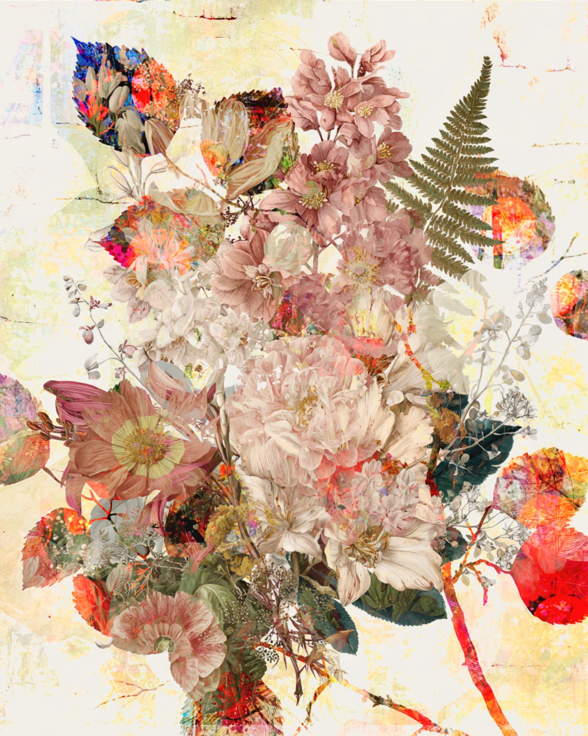 Free vintage floral collage sheet with blush and cream botanical elements layered over subtle distressed textures